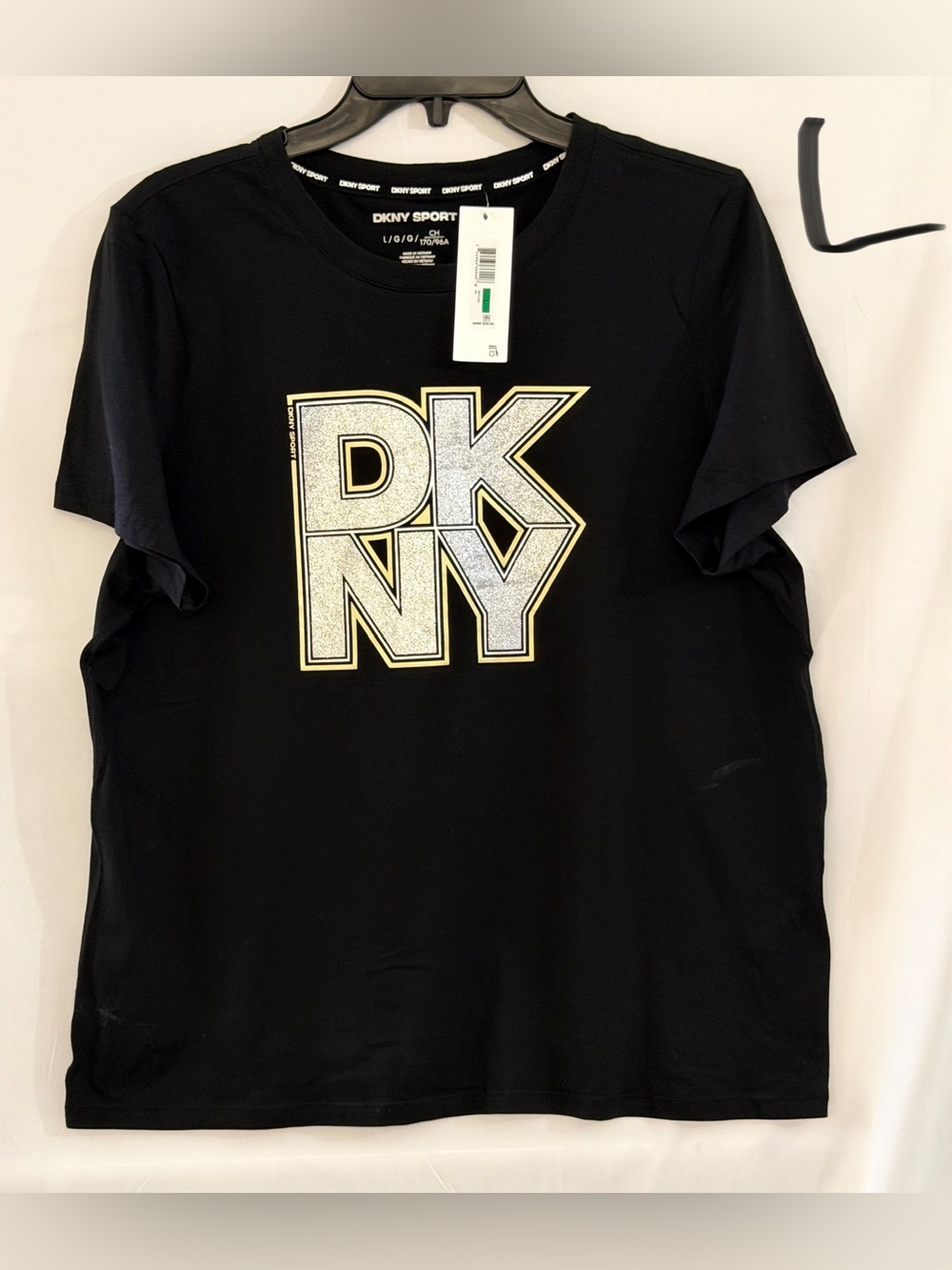 DKNY Black Short Sleeve Tee with Silver Glitter Logo and Gold Trim